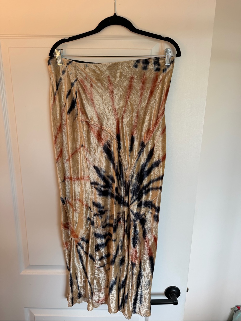 Free People Beige Velvet Tie-Dye Maxi Skirt with Black & Rust Accents